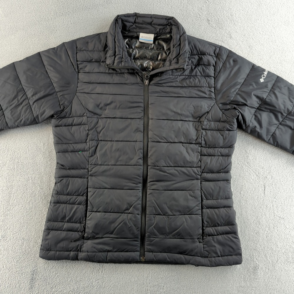 Columbia Omni-Heat Puffer Jacket Womens Large Black Full Zip Coat Down Insulated